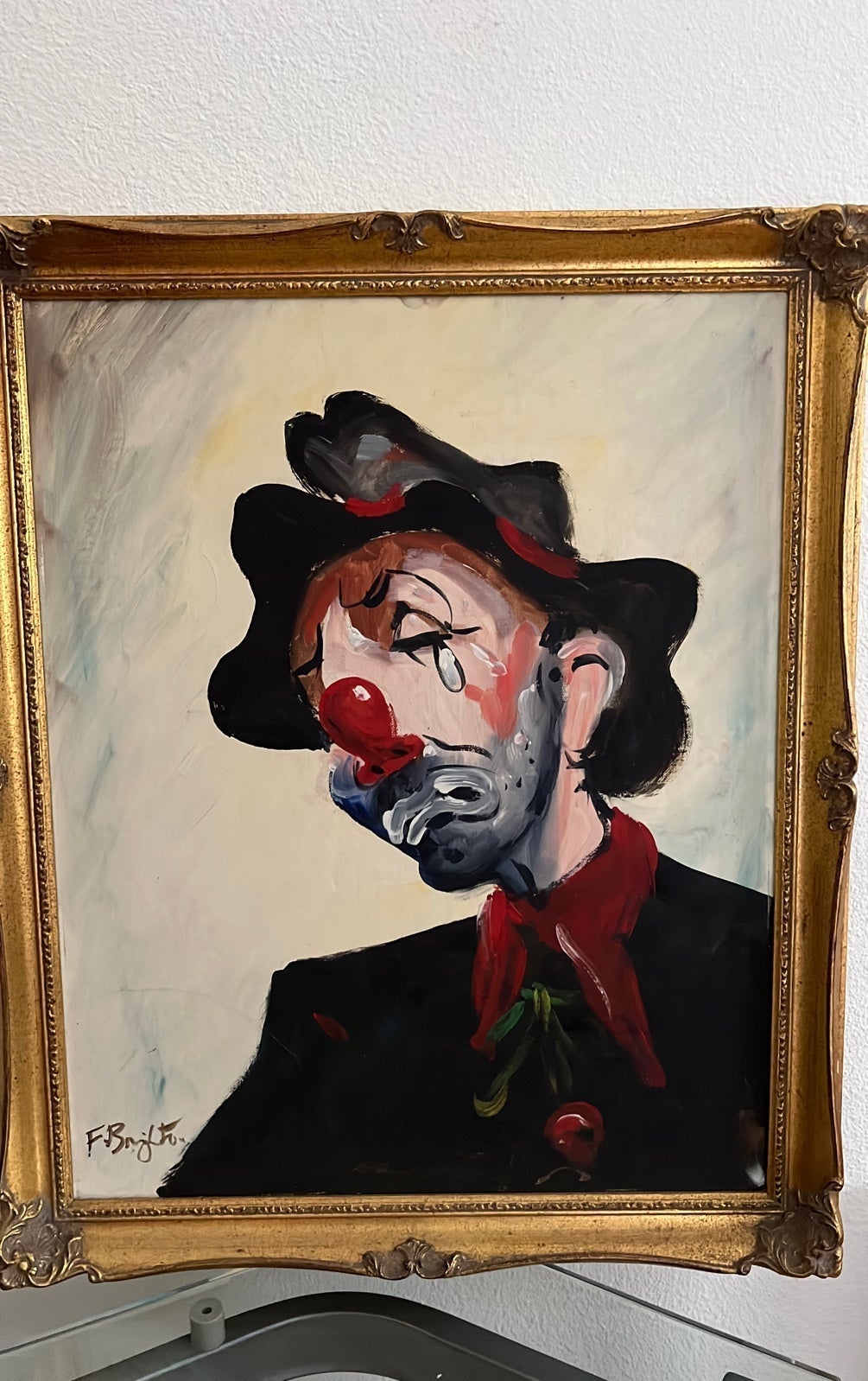 Mid-Century Modern sad Clown acrylic.. artist- F. Brighton