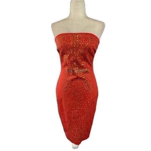 Cache New Vintage Red Orange Gold Strapless Knee Length Dress Xs