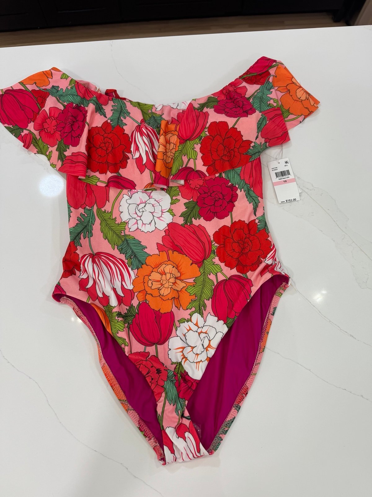Michael Kors Floral Ruffle One Piece Swimsuit Removable Cups Size 10