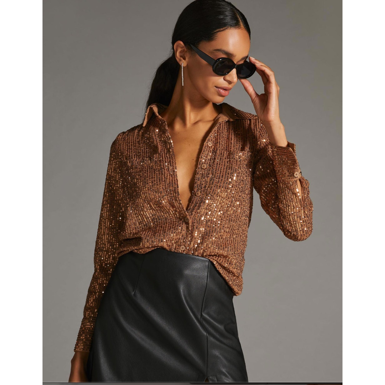 By Anthropologie Bronze Sequin Buttondown