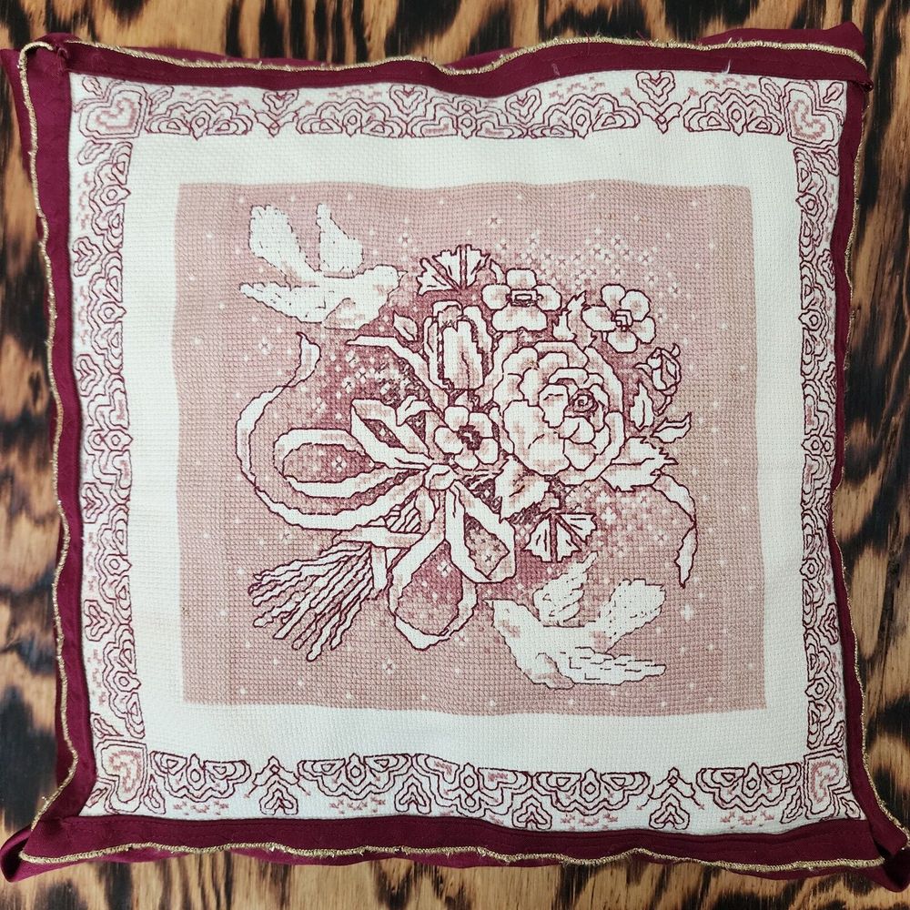 Vintage Handmade Needlepoint Tapestry Throw Pillow 14x14 Red White Pink Square