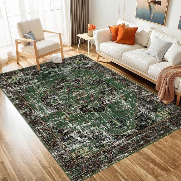 New 3x5 Area Rug, Modern Boho Washable Vintage Dark Green Non-Slip Carpet