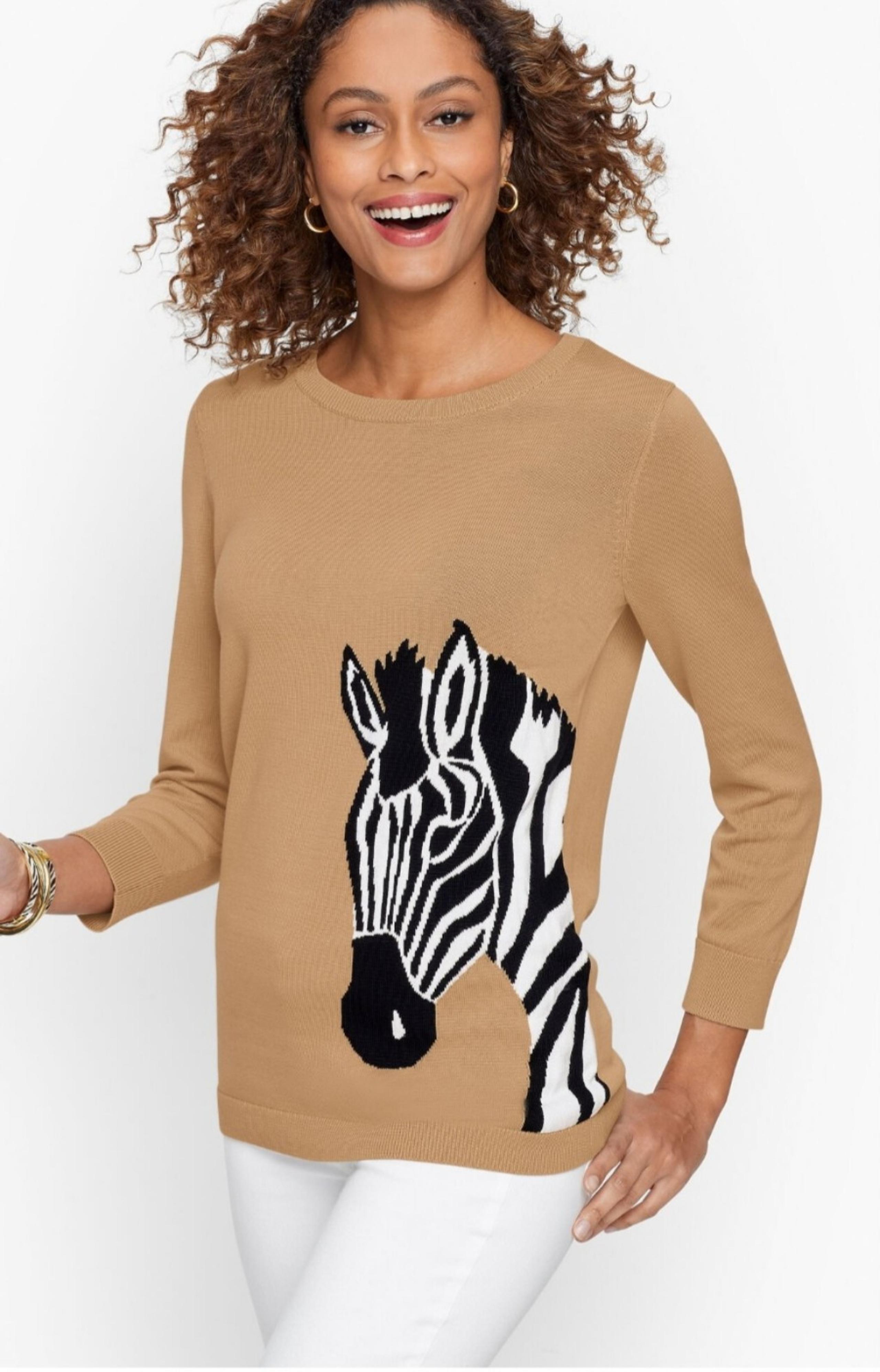 Women's Crewneck Zebra Pullover Sweater Size 2x Zoo Safari Exotic - Talbots