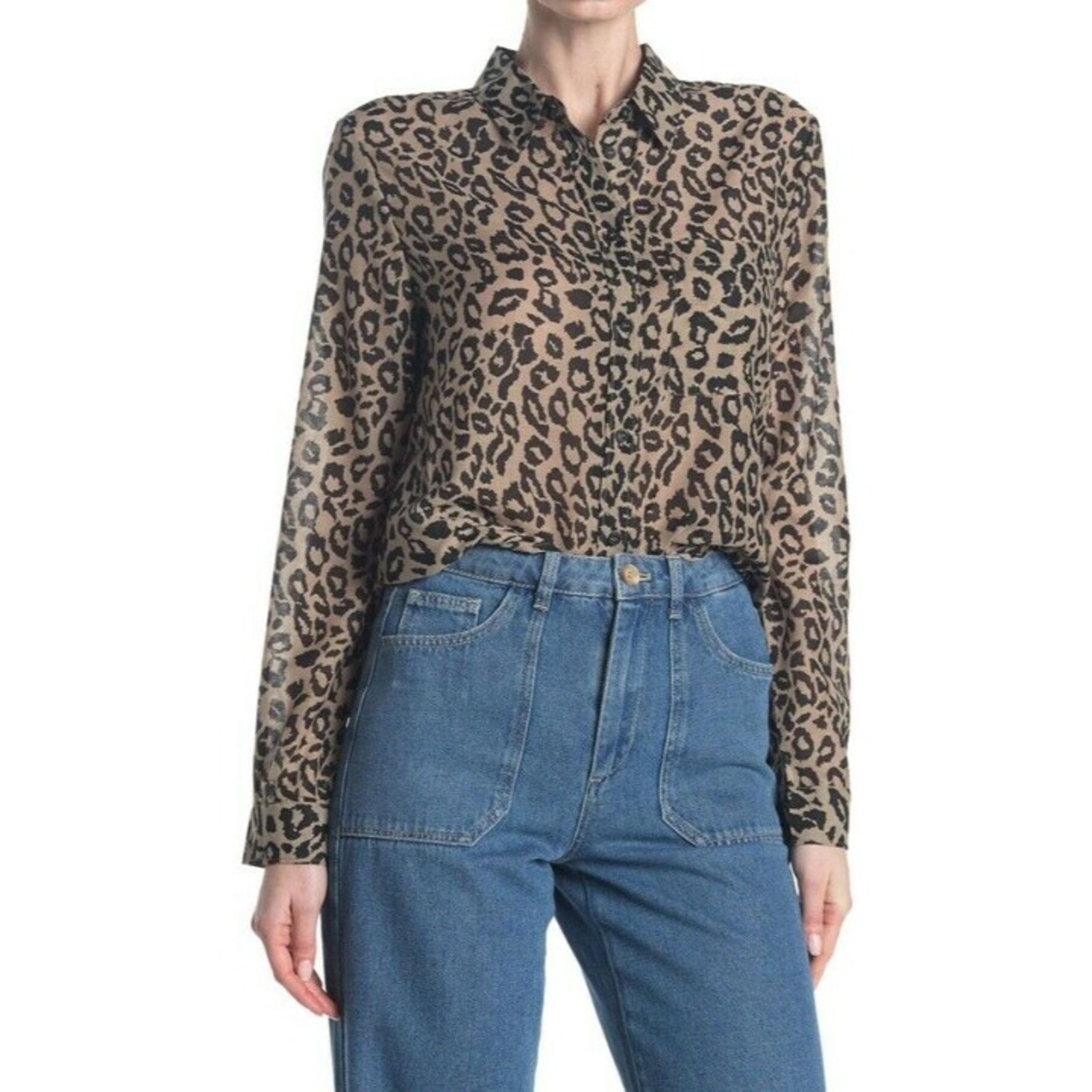 French Connection Button Down Shirt Macchiato Leopard 12 NWT