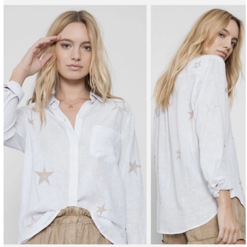 Rails Charli White Rose Gold Embroidered Star Linen Button Down Shirt Size S