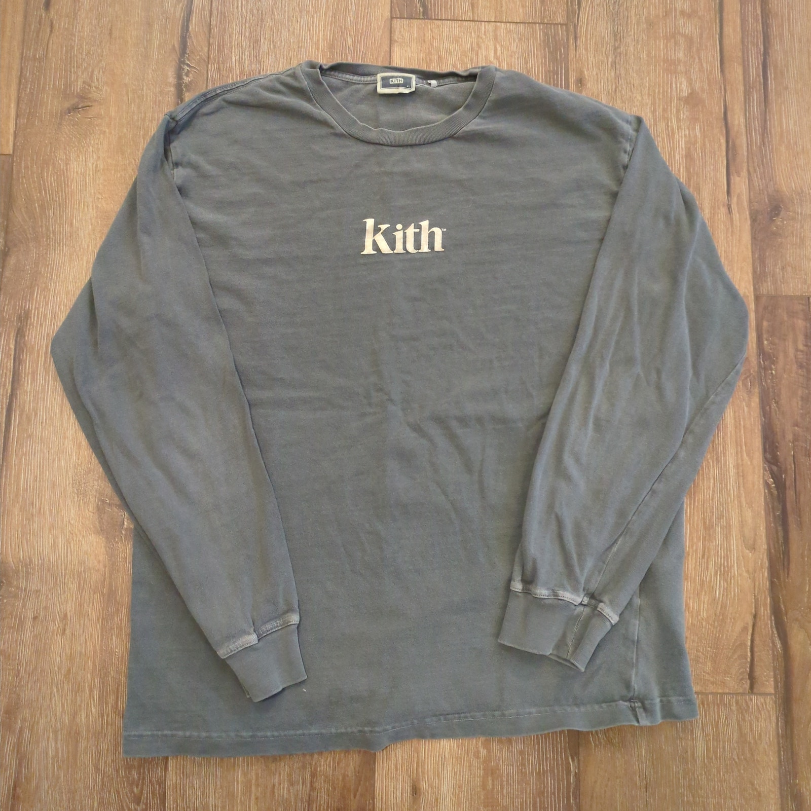 Kith Men's XL Long Sleeve Shirt Gray Faded Distressed Streetwear Spellout