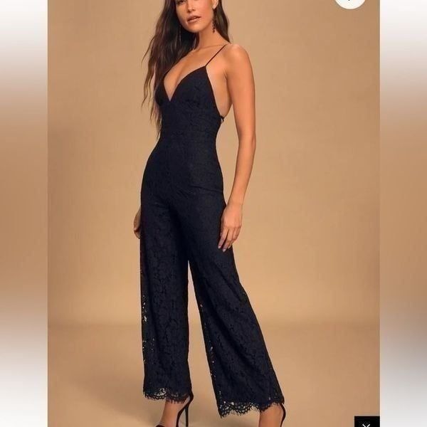 Lulu’s All About Tonight Black Lace Wide Leg Jumpsuit | Size S