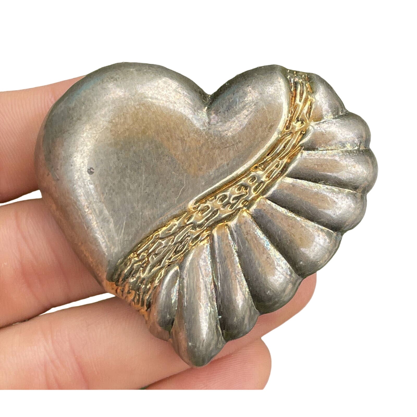 Vintage Sterling Silver Brooch Pin Heart Pendant Unique Puffy Mid Century 18g