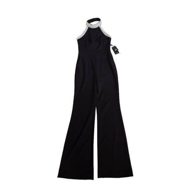 NWT Adrianna Papell Womens Pearl Beaded High Halter Formal Jumpsuit Black Size 0