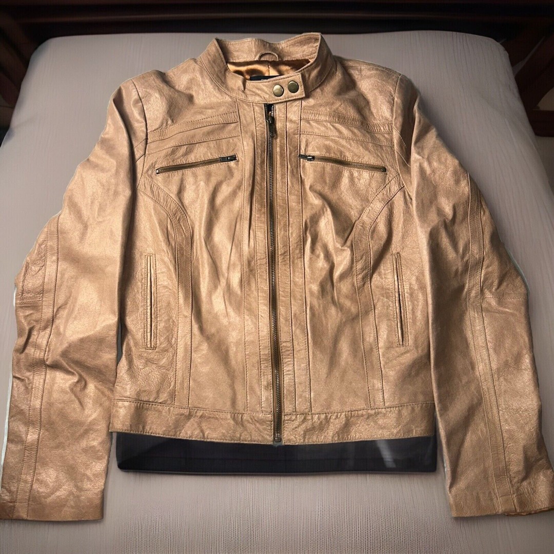 Arden B Women's Metallic Tan Leather Cafe Racer Motorcycle Jacket Biker Medium