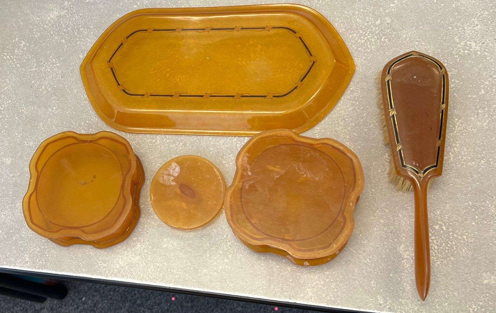 Antique DuPont Amber Pyralin La Belle VanityTray Set w/Hair Brush Art Deco