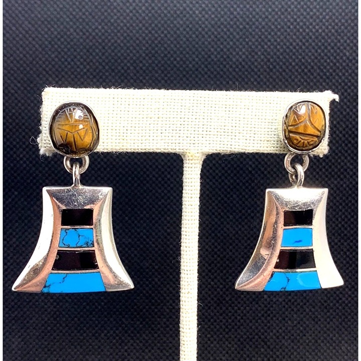 Sterling Silver 950 Turquoise Onyx Tiger Eye Scarabs Dangle Earrings Size 1.5''