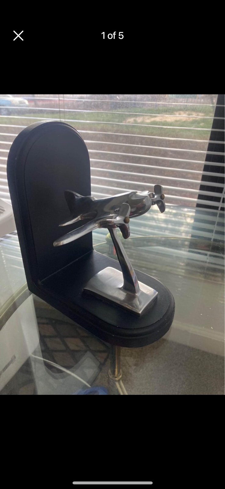 Pier One Twin Prop Airplane Book Ends Black Wood Silver Metal