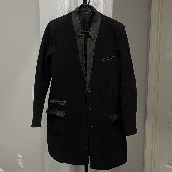 The Kooples Wool Leather Longline Pea Coat Black Women’s Size 2 XS