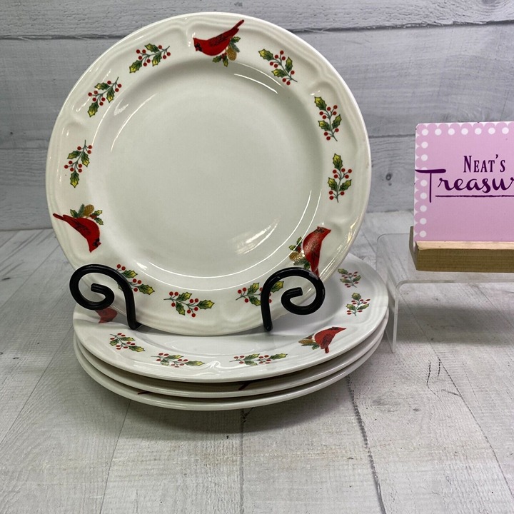 70s Gibson WINTER BIRDS Red Cardinal Holly Oven Safe Ceramic Dinner Plates Set 4