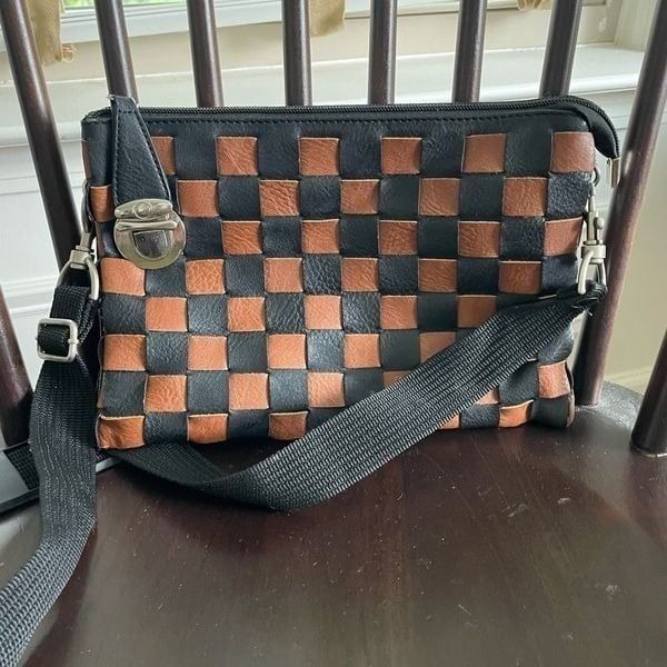 Boutique Brand Vegan Leather Black Tan Woven Crossbody Clutch Purse Bag