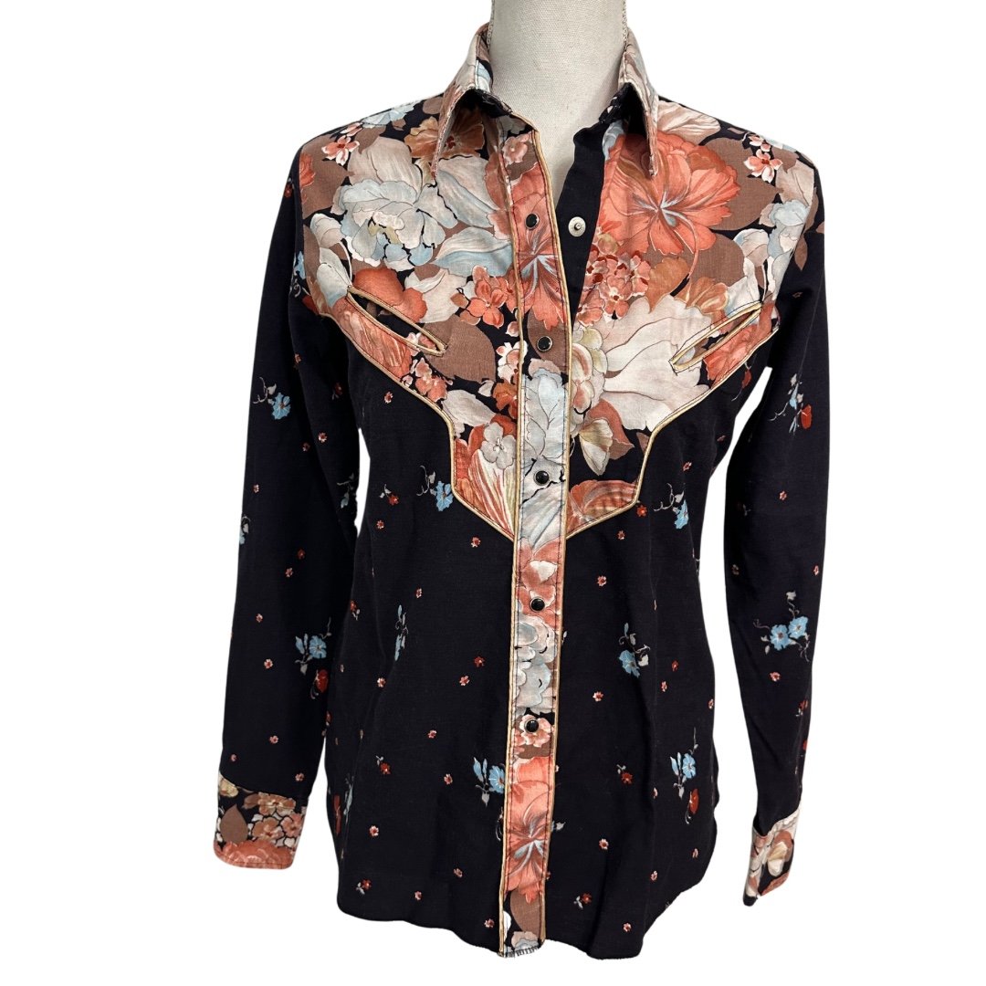Vintage Tem Tex Floral Western Pearl Snap Shirt Small Dark Blue Cowgirl Rodeo