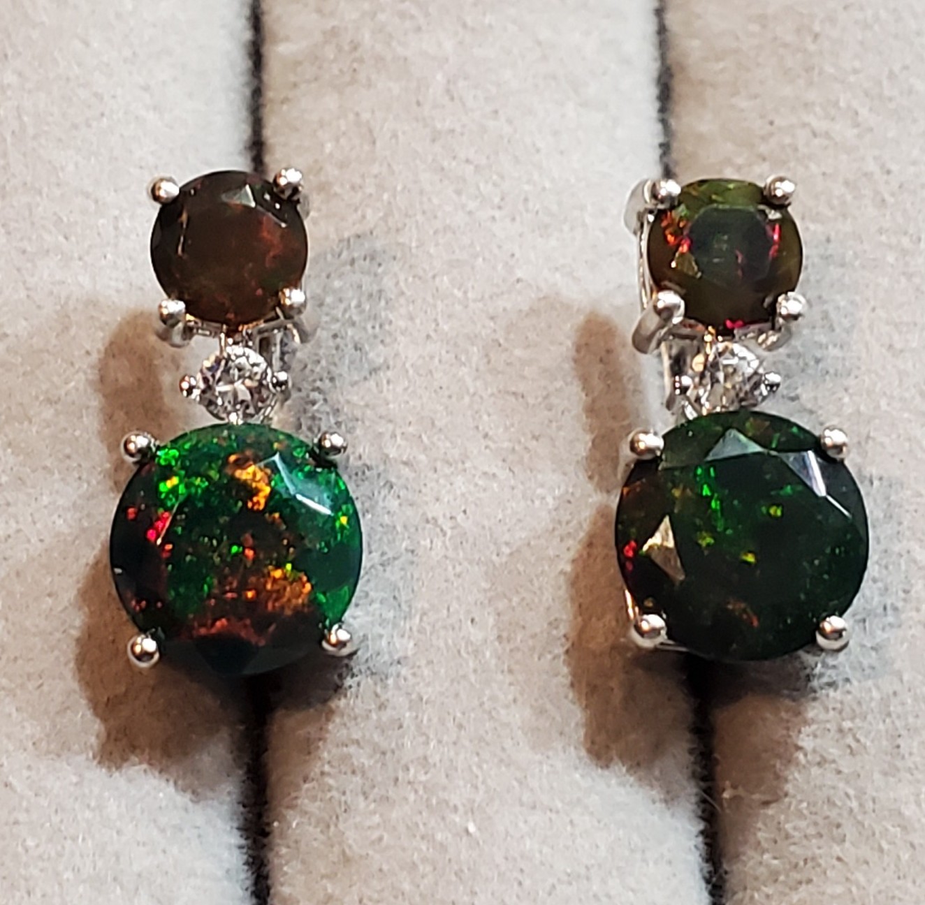 White Gold Plated Sterling Silver Black Fire Opal Gemstone Earrings