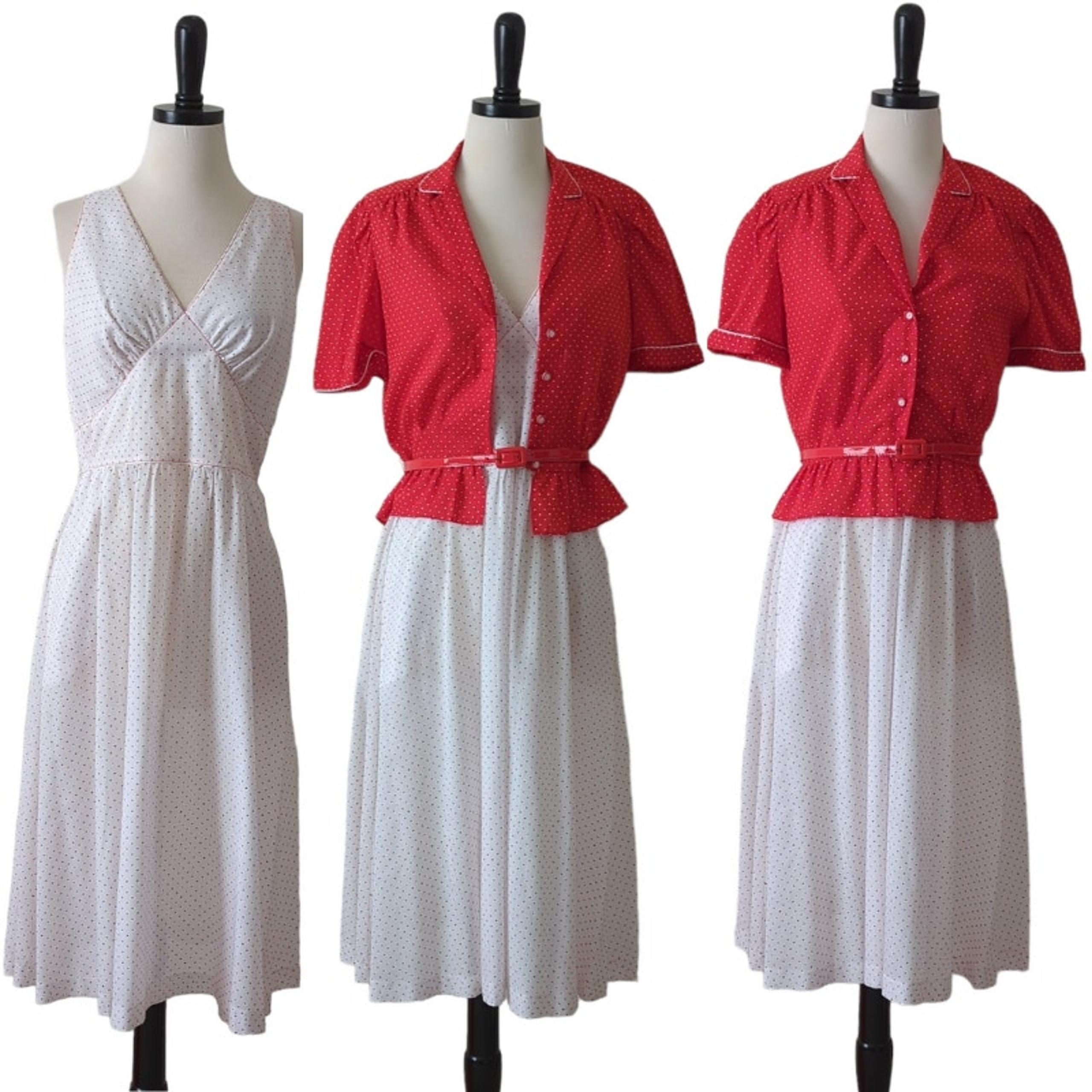 Vintage Women's 3-Pc Outfit Dress Top Belt Red White Polka Dot 1960s 1970s 13 M