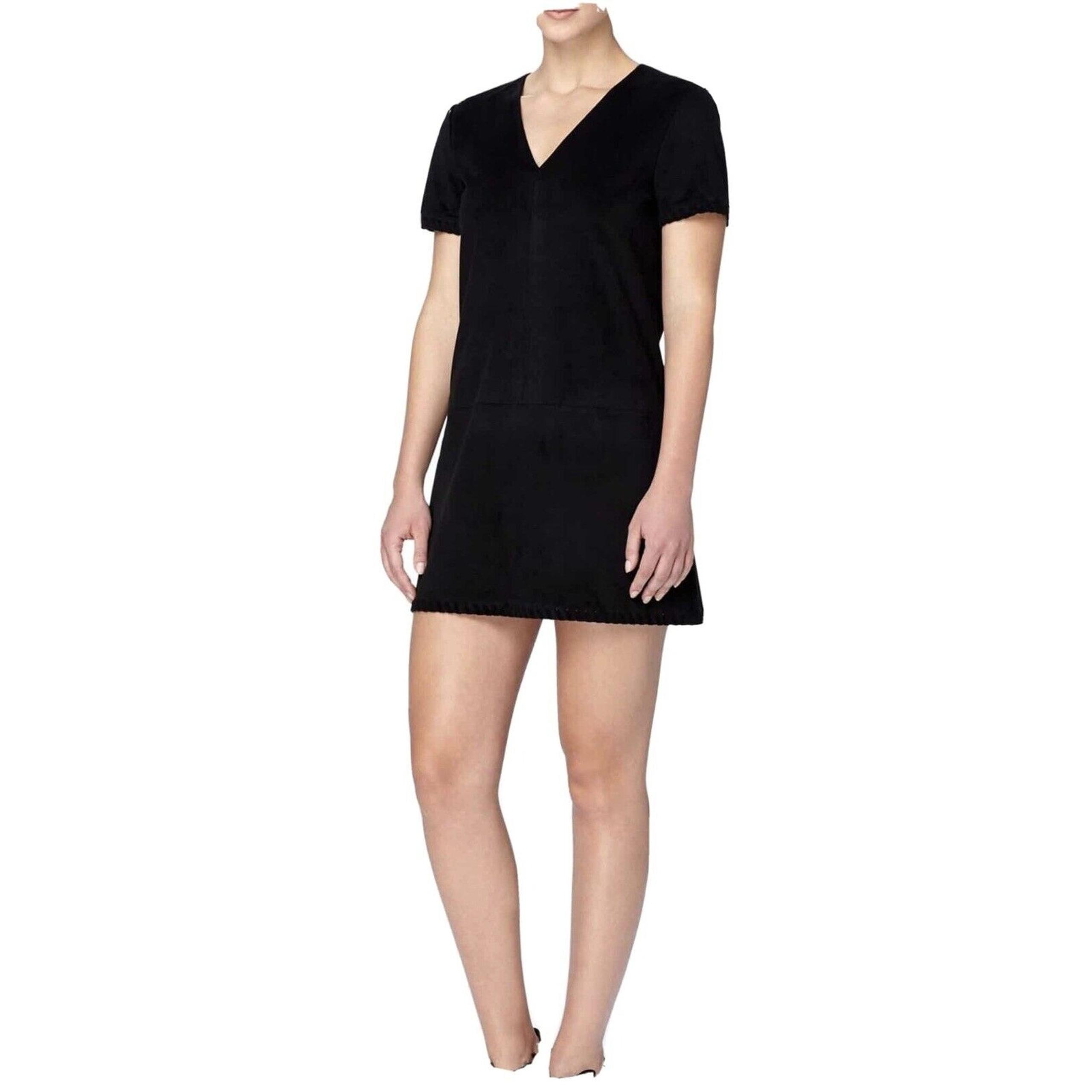 MRSP $138 Catherine Malandrino Faux Suede Dress Black Shift Short Sleeve Sz 6