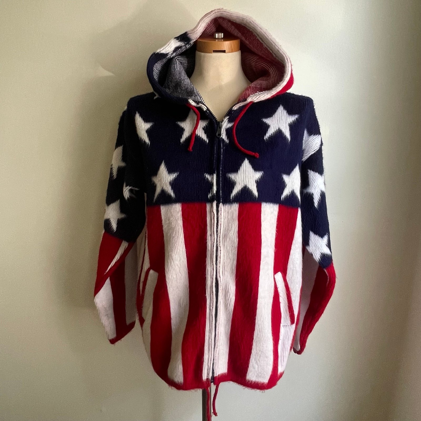 Artesanias Tuntaquima Wool Shacket Zip Hoodie Ecuador American Flag USA Medium