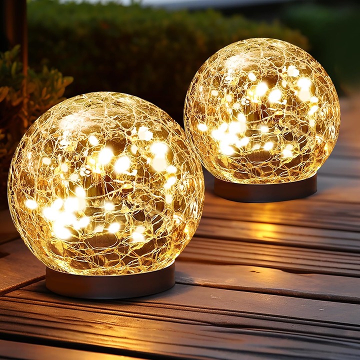 Solar Globe Lights Outdoor Waterproof-Solar Balls for Garden-Cracked 2 Pack