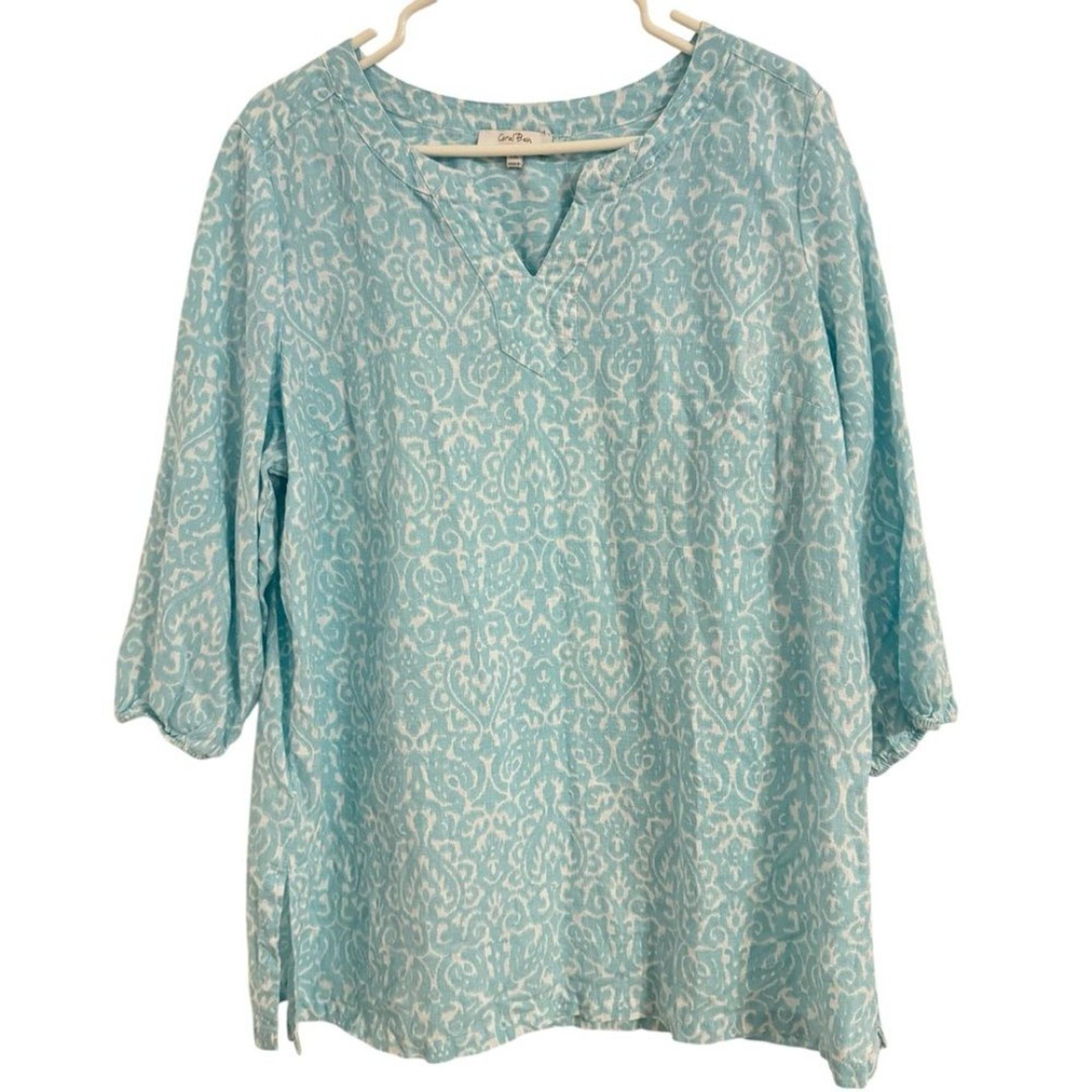 Coral Bay Women's 1X Linen Blend Tunic Blouse Cover Up Aqua White V-neck