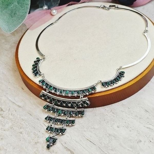 Vintage Taxco Mexico Malachite 925 Sterling Silver Necklace