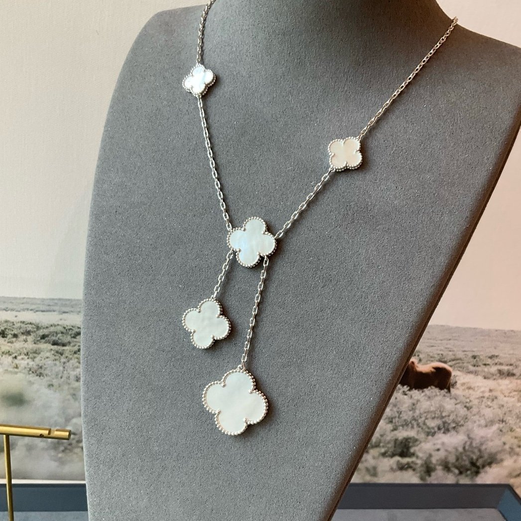 clover 6 motifs necklace 925 silver 18k white gold plated mother of pearl