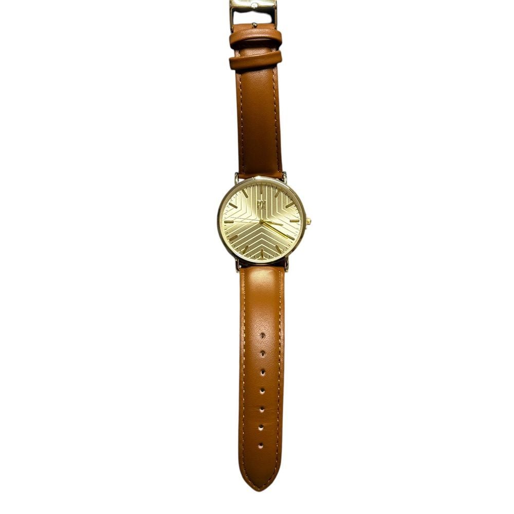 PX Gold-Tone Geometric Watch Brown Leather Band Modern Minimalist Analog Time