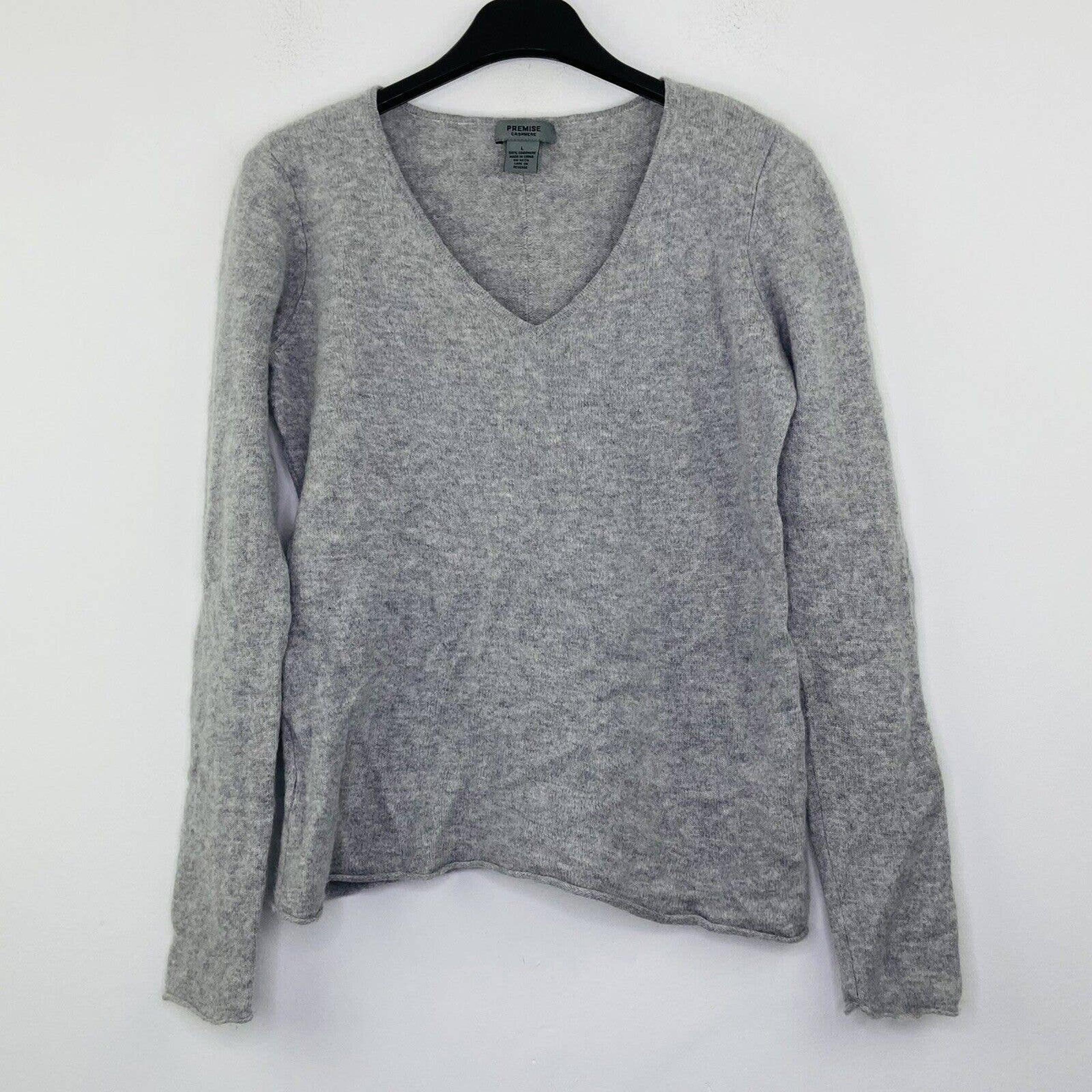 Premise Women's L Sweater Gray Cashmere Marled Lightweight Soft Fuzzy V Neck U36