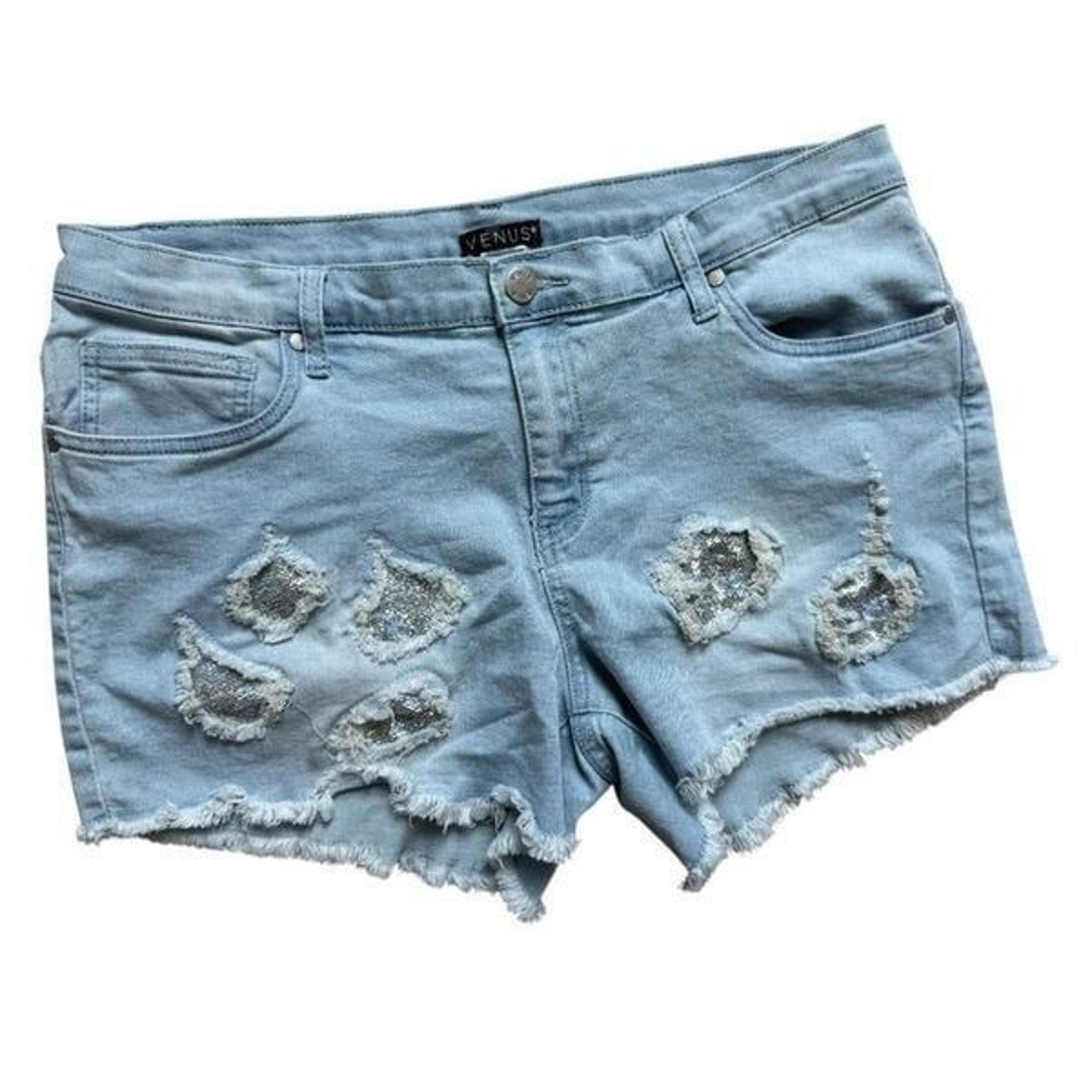 Womens Venus Silver Retro Y2K Retro Distressed Raw Hem Denim Jean Shorts - Sz 16
