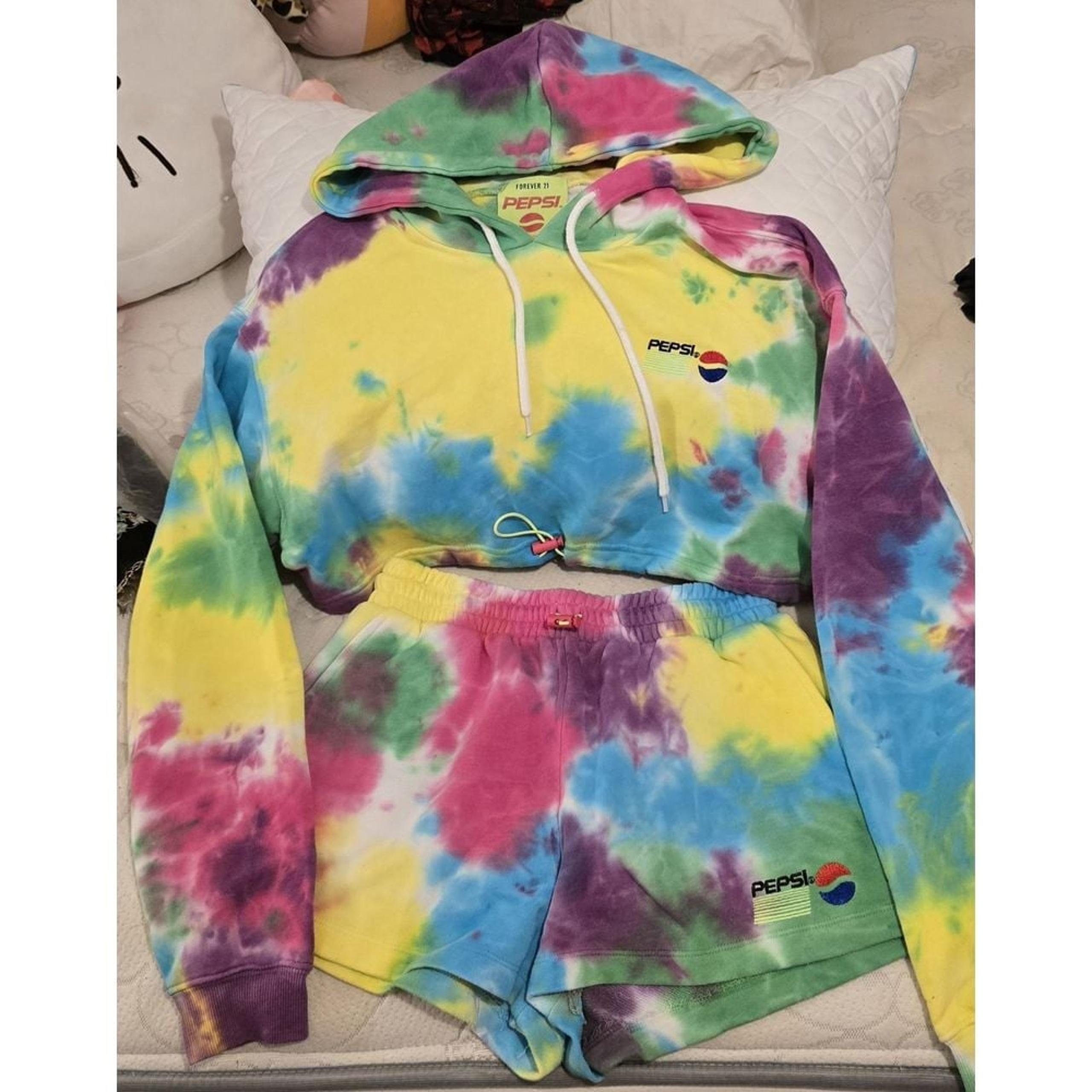 Forever 21 Pepsi Womens Small  Hoodie Cropped Tie Dye Hooded &Shorts