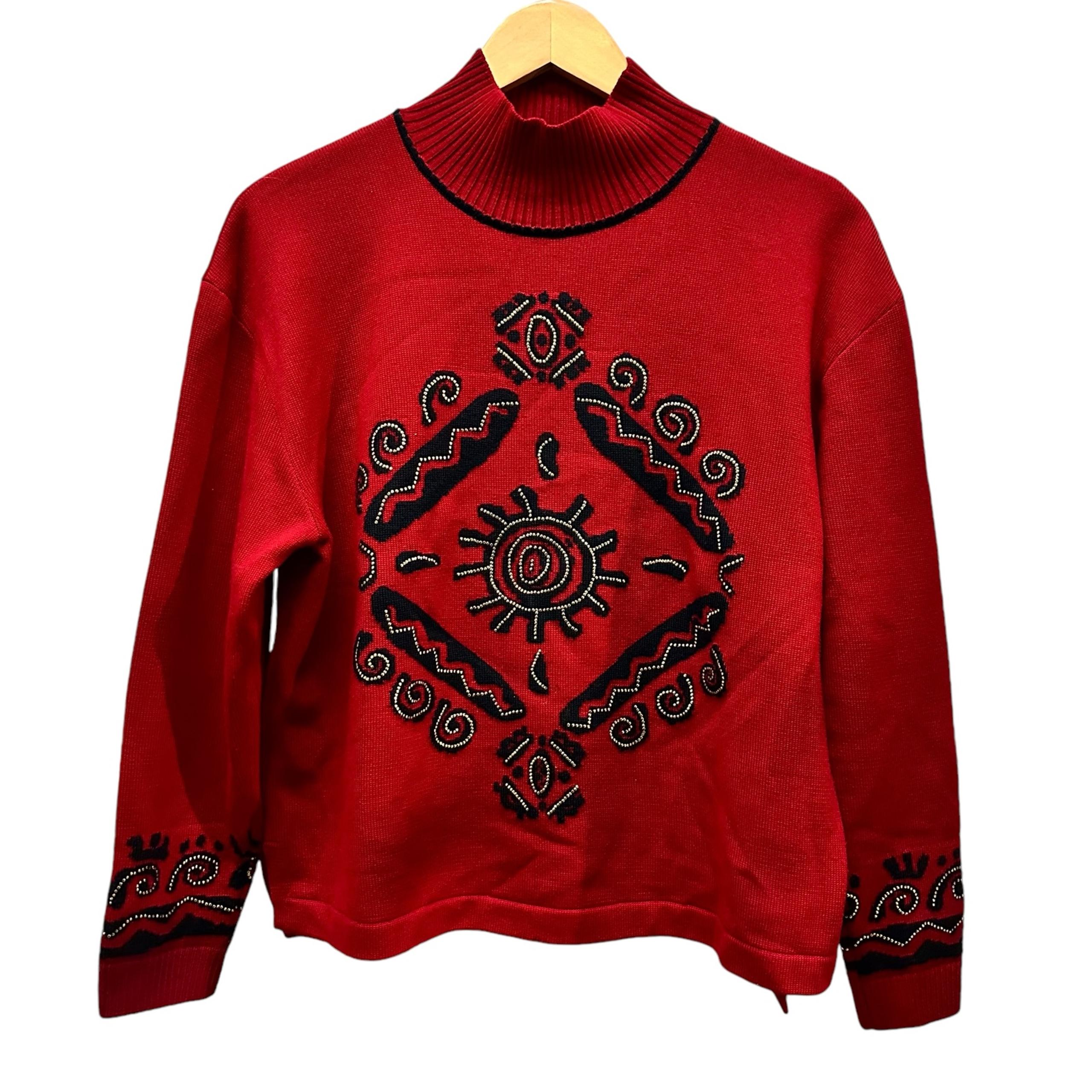 ST JOHN Collection Women’s Sz S Mock Neck Sweater Red Black Aztec Gold Studs