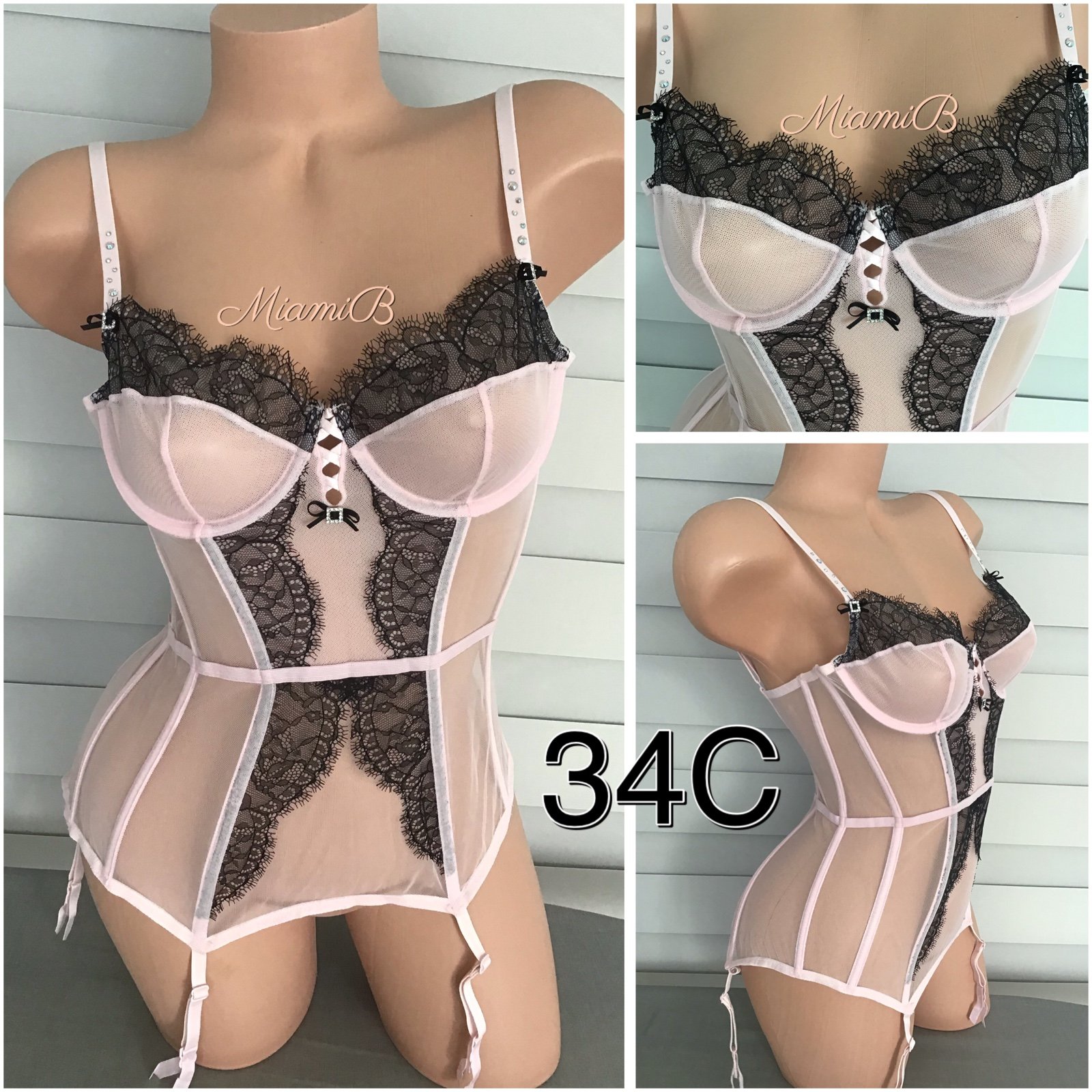 Victoria’s Secret Silver Label pink sheer black lace crystal corset w garter