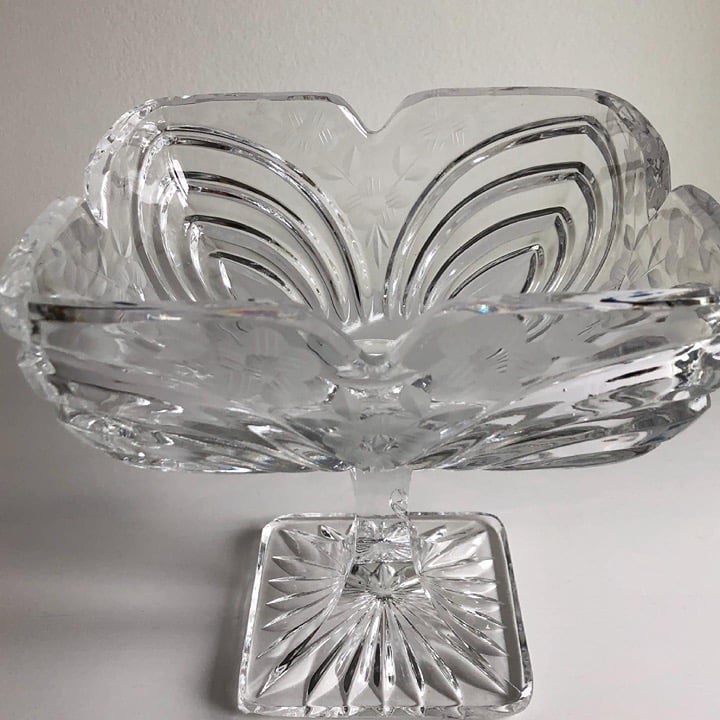 Vintage 7 Crystal Square Windsor Pedestal Compote/Candy Dish w/ Etched Floral