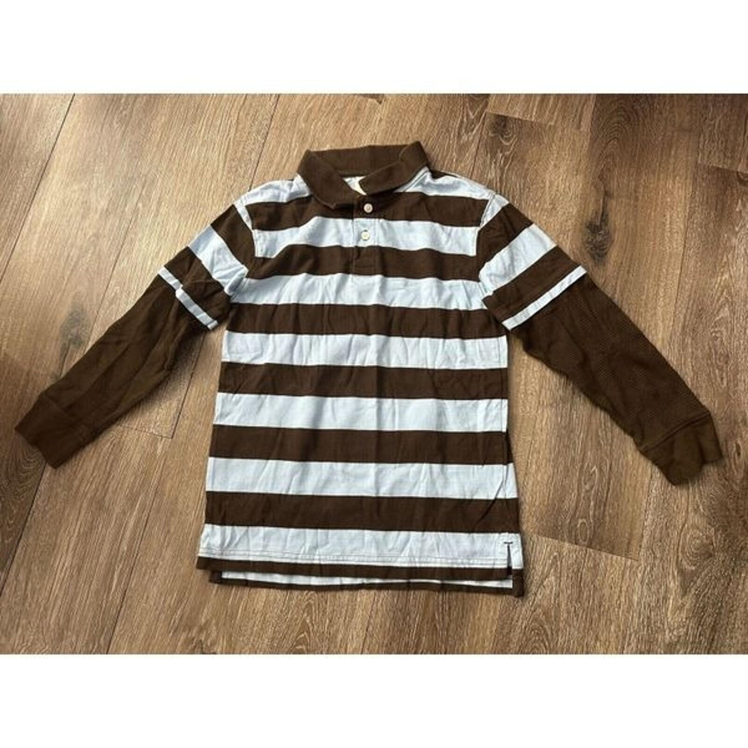 Crazy 8 Boys Medium 7/8 Blue & Brown Striped Long Sleeve Polo 100% Cotton EUC