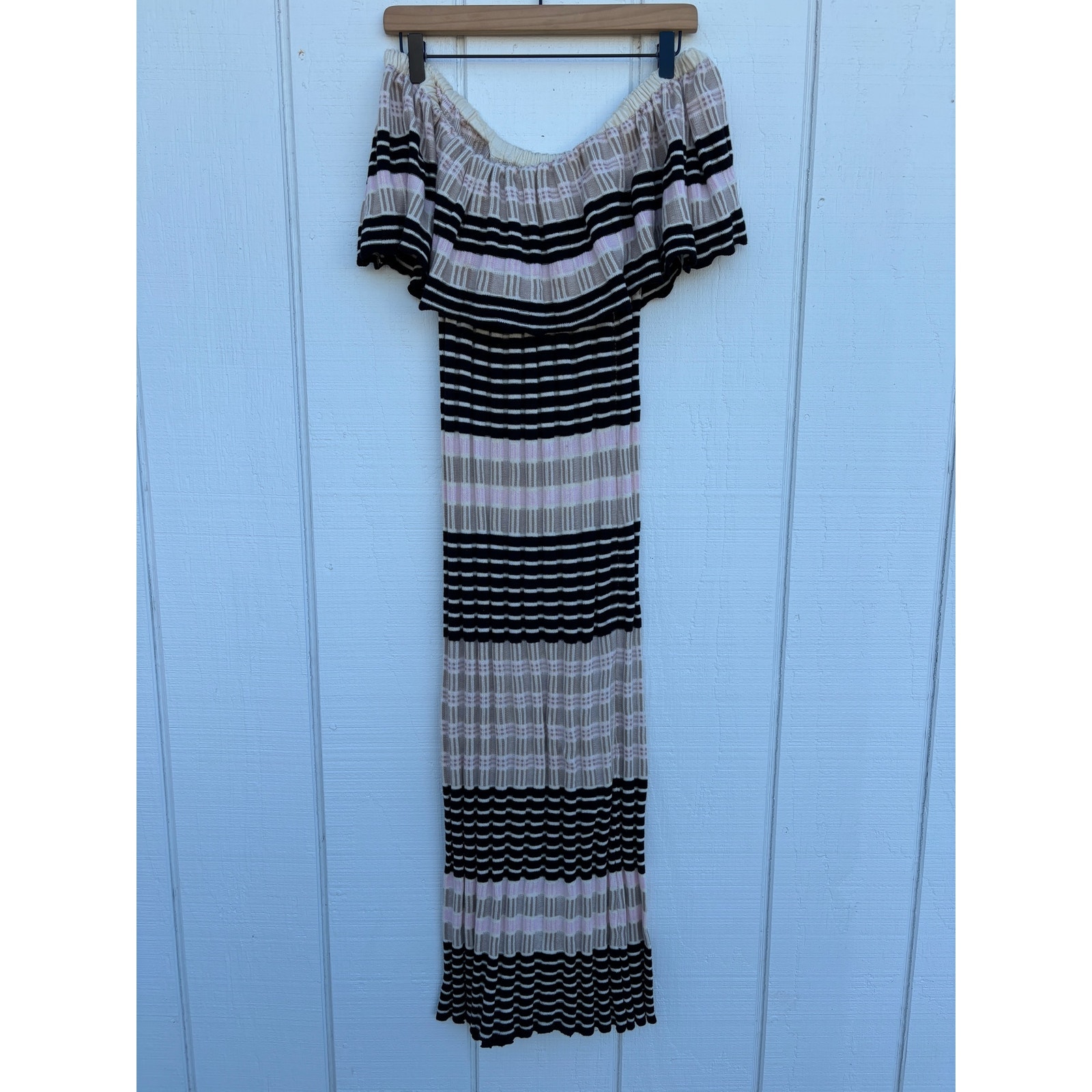 Free People Off Duty Knit Strapless Dress, Striped, Ruffled Overlay, Sz S