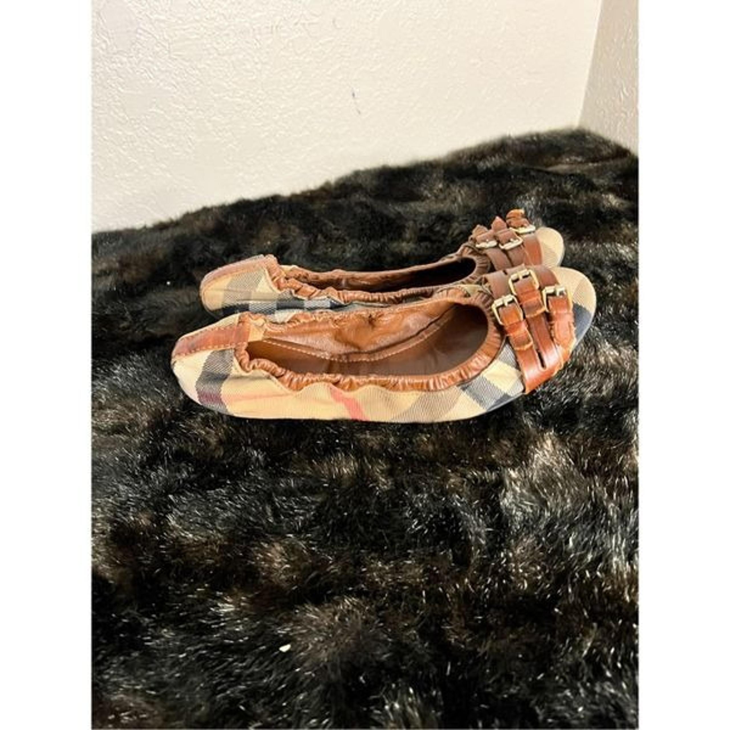 Burberry Brown Leather Canvas Nova Check Three Buckle Ballet Flats Shoes 9.5