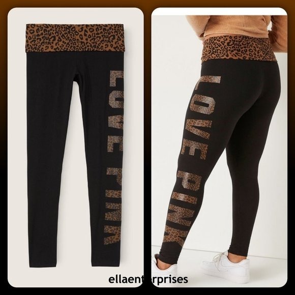 VS Pink M Leopard Print Cotton Foldover Legging In Full Length