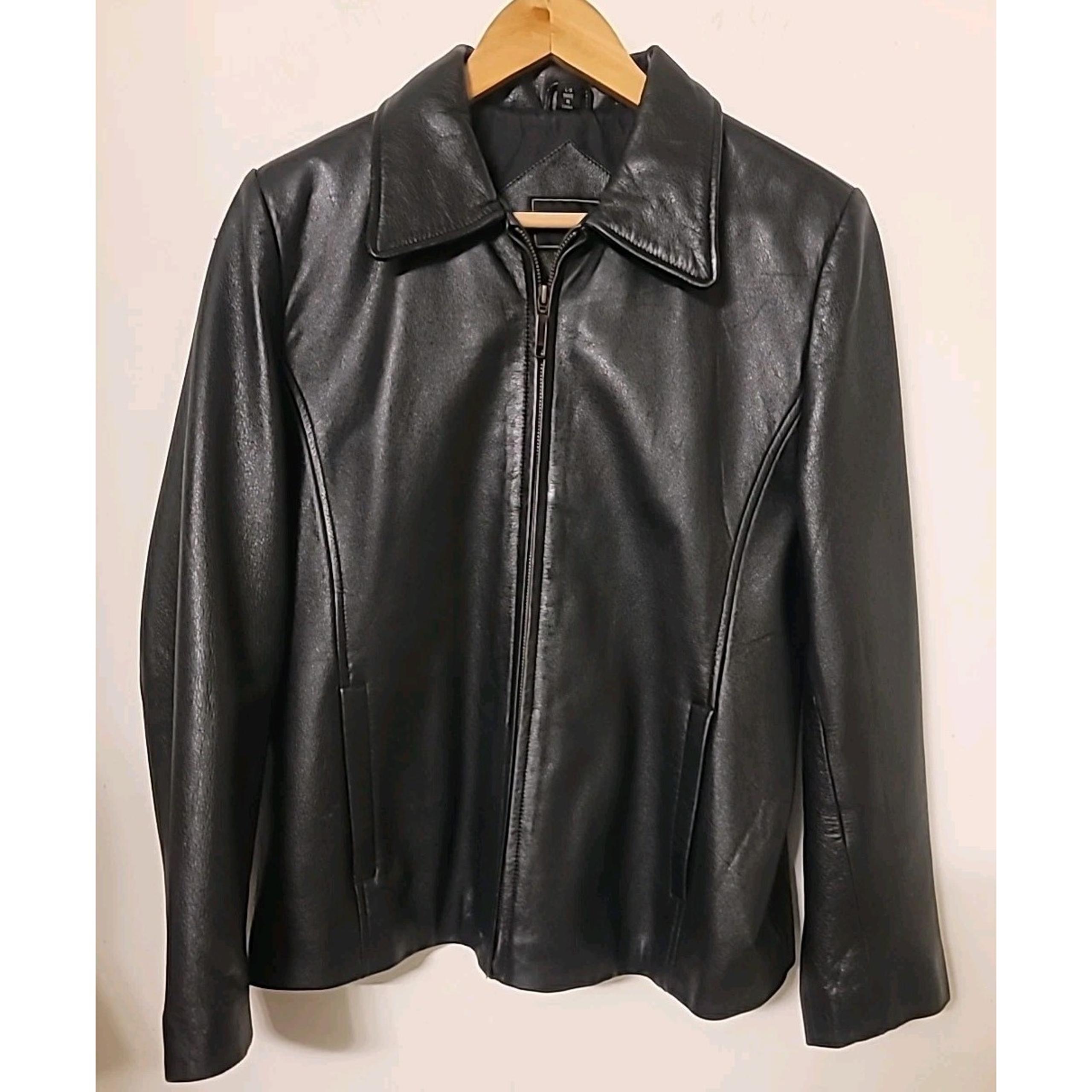Women's Black Leather Jacket Size Large Full Zip Pockets Biker Metal Rock
