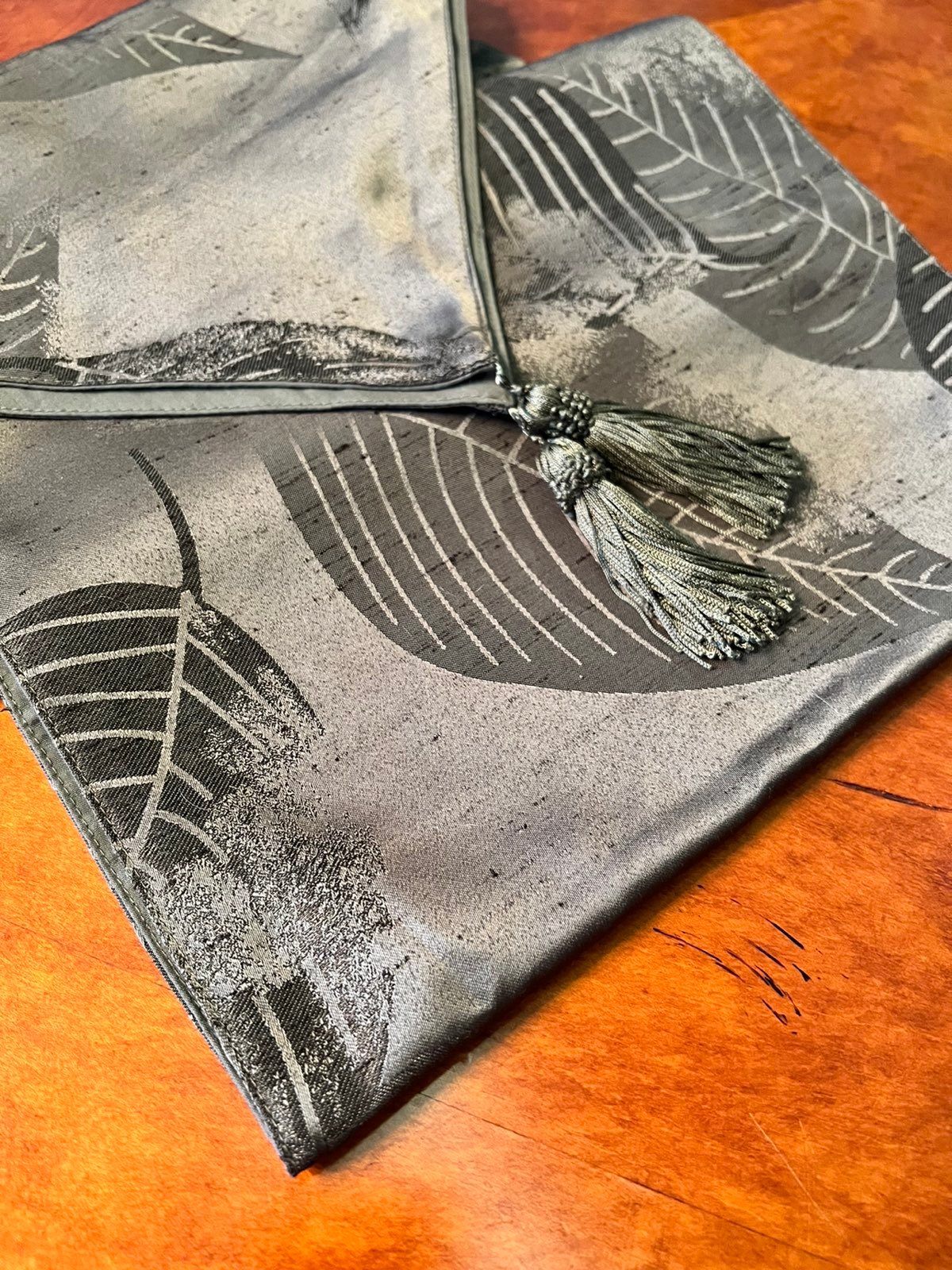 Luxury Green Silk Brocade Table Runner in Leaf Print with Tassel Ends
