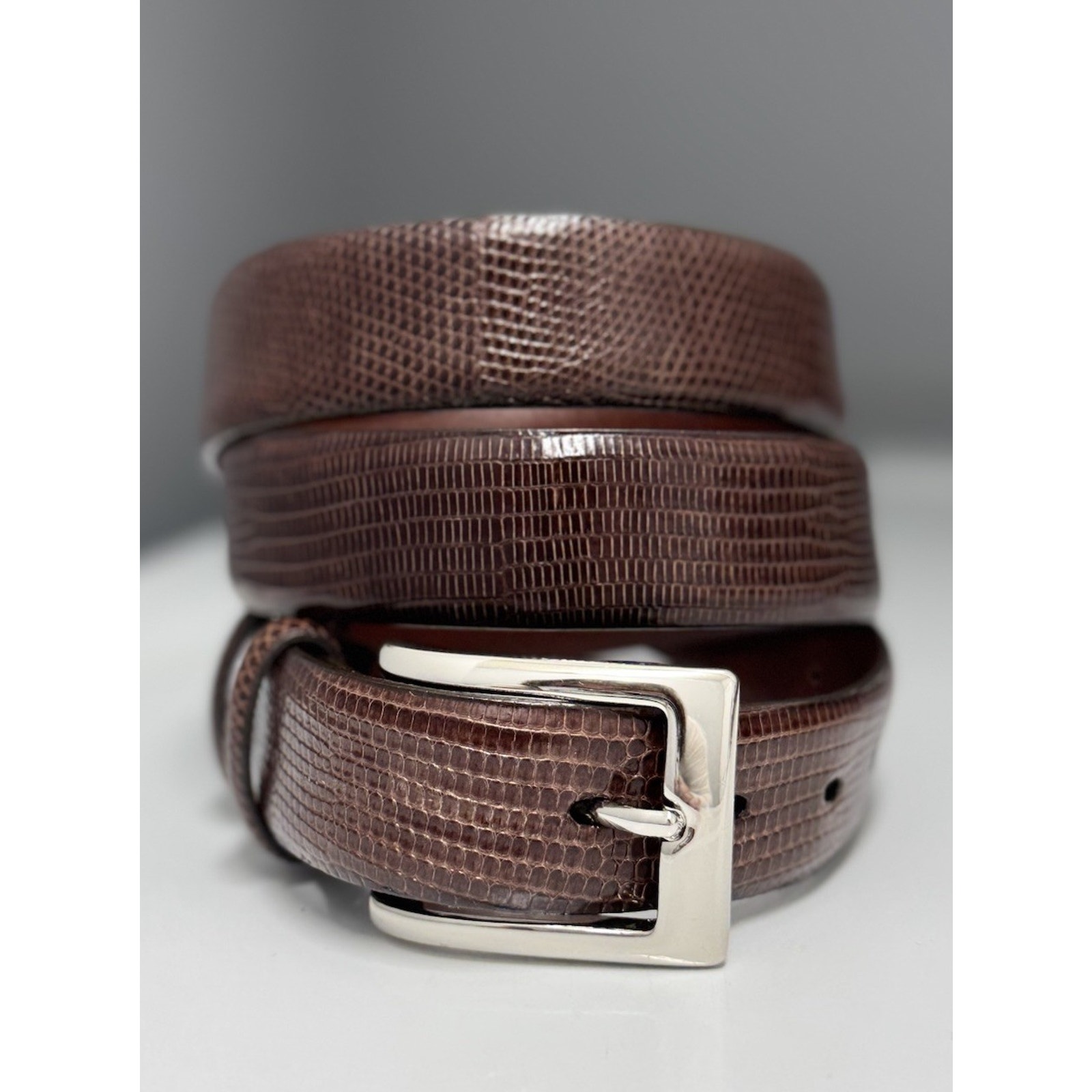 TORINO Elite Ringmark Lizard Brown Leather Belt Silver Tone Brass Buckle Sz 38