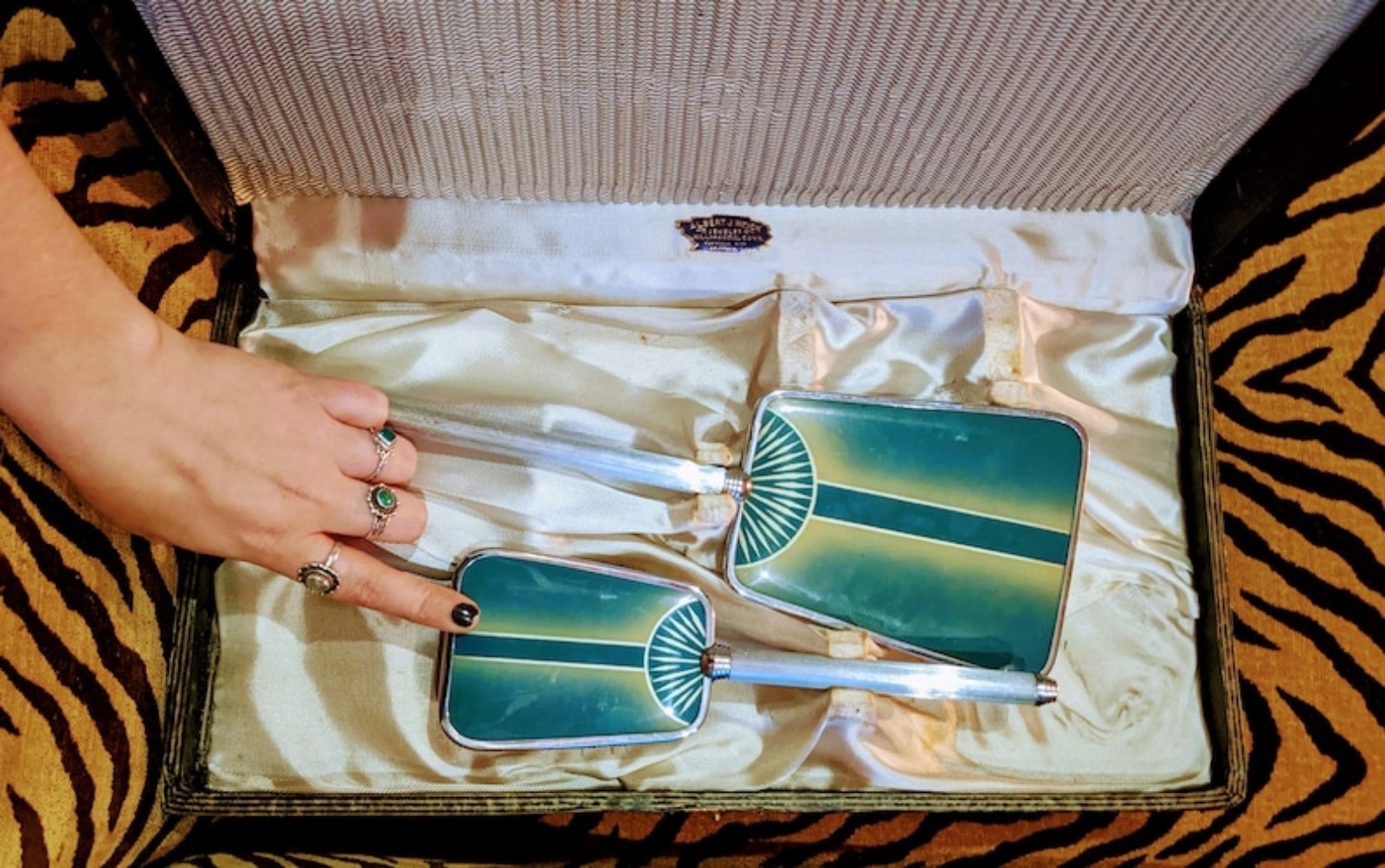 Vtg 1920s Art Deco Vanity Hair Brush/ Mirror Set, Blue Green Art Deco Vanity Hai