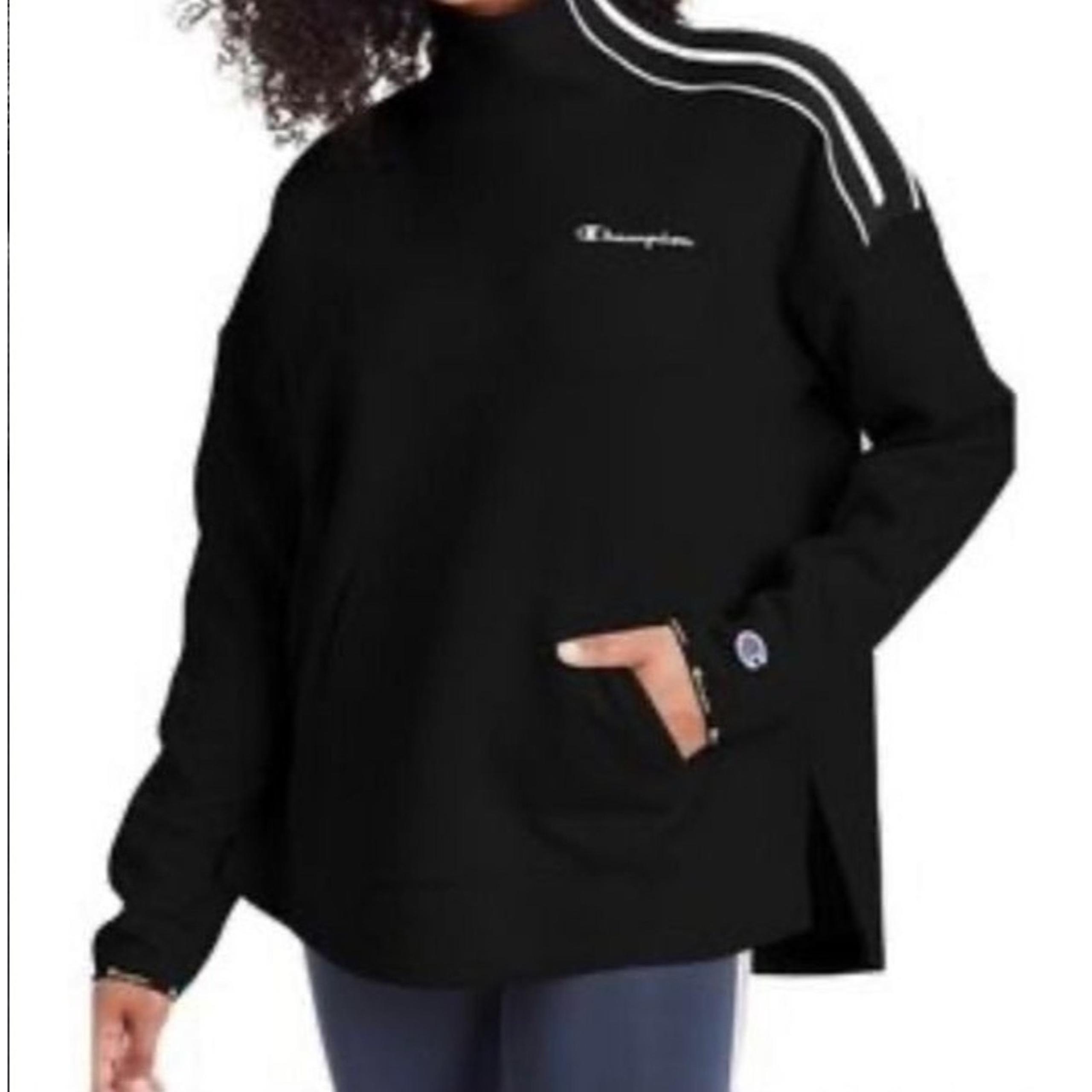 Champion Sweatshirt Large Black Sport Mock Neck Pullover Fleece Shoulder Zip