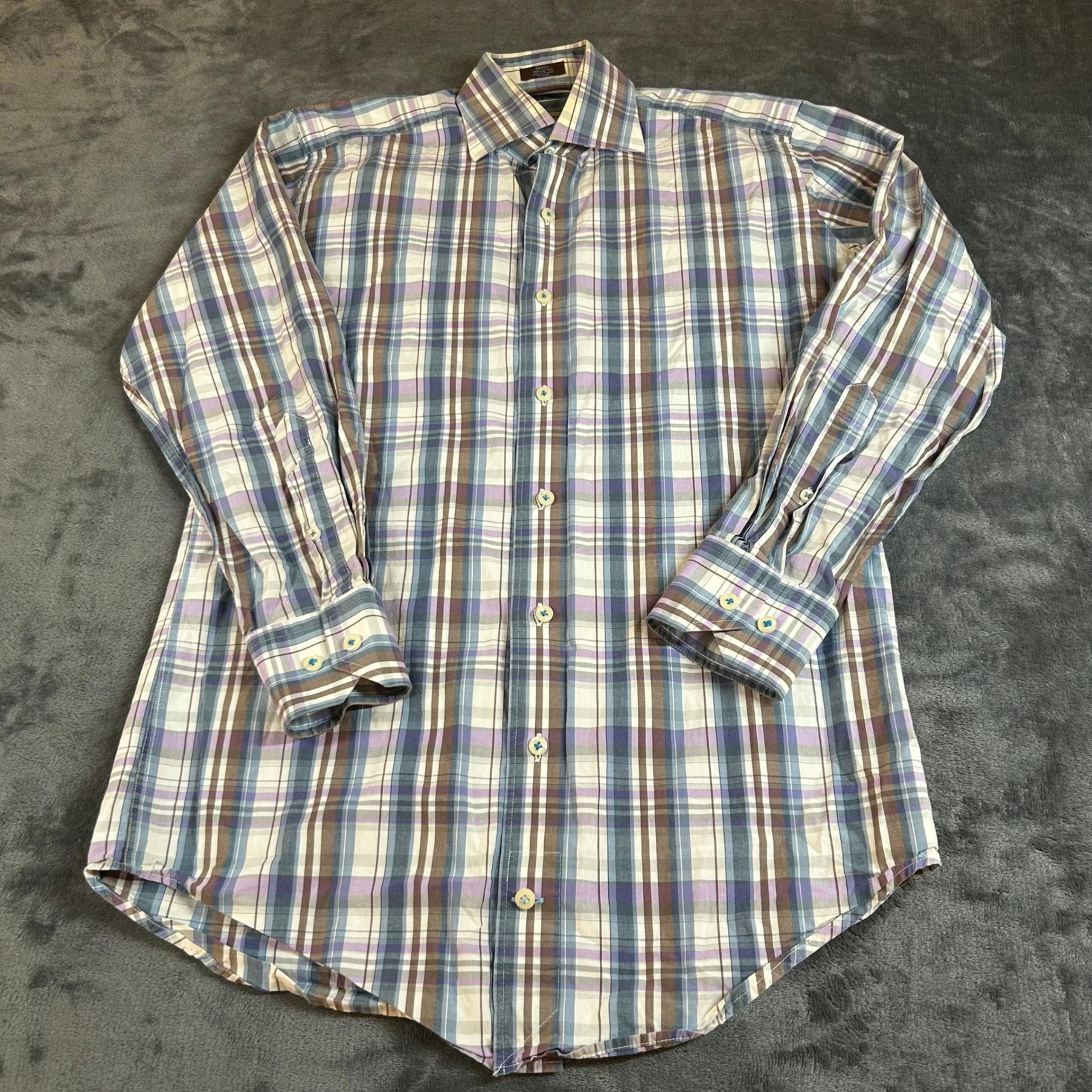 Peter Millar Button Up Shirt Plaid Long Sleeve Blue Purple Colorful Mens Small