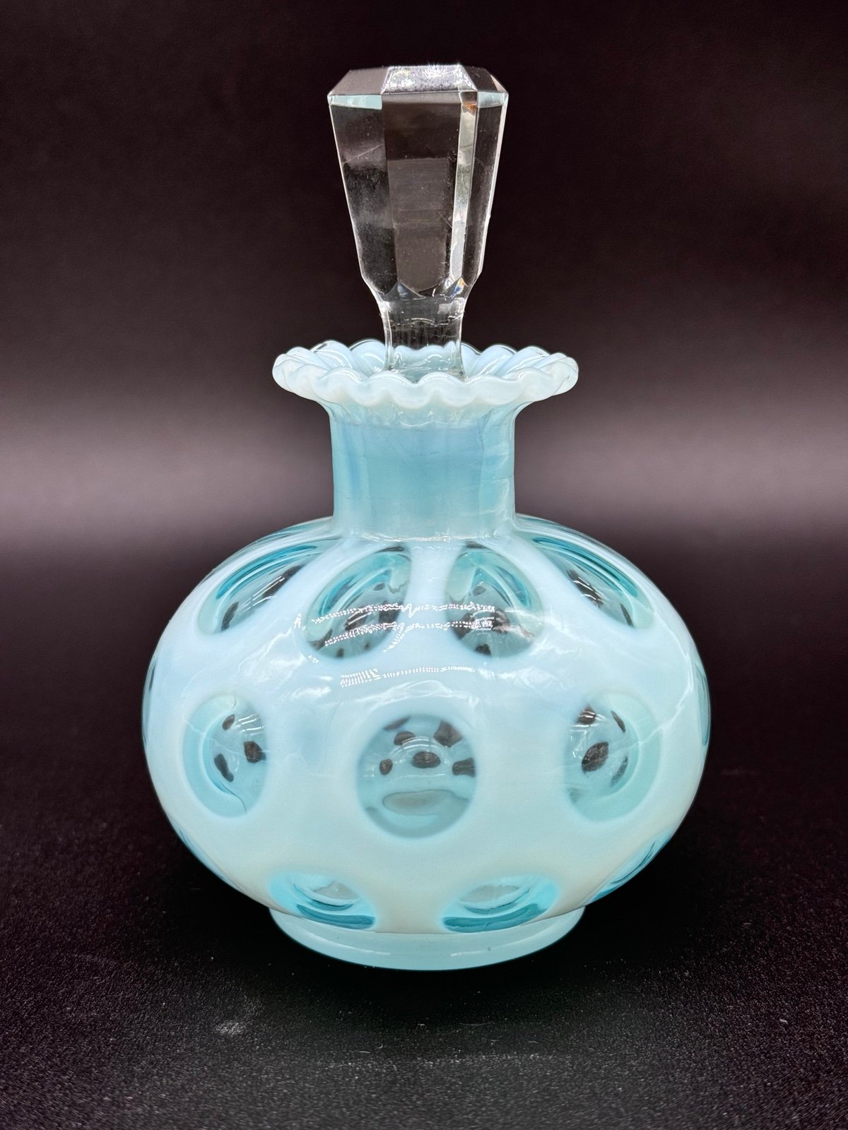 Fenton blue opalescent coin dot perfume bottle