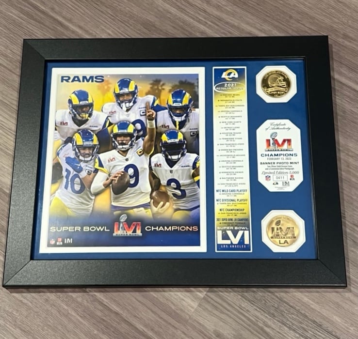 Rams Super Bowl 56 Champions NFL Banner Bronze Coin Highland Mint Framed Photo