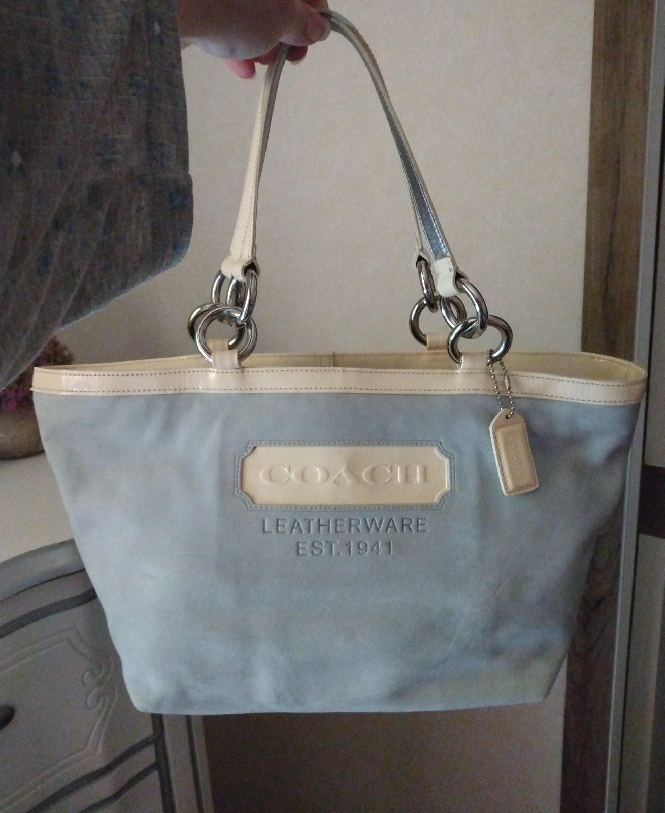 Authentic Vintage Coach Baby Blue + Cream Soft Leather Signature Tote Bag Purse