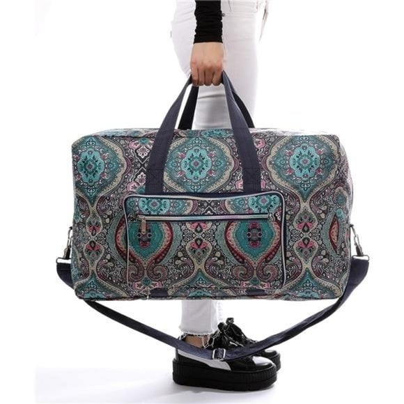 Blue Paisley Printed Foldable Travel Duffel Bag Overnight Weekender Bag Carry On